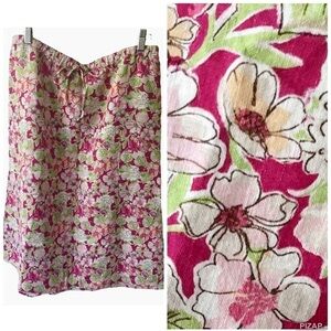 Vintage Linen Blend Cottagecore Floral Midi Skirt Pink & Green - Size M